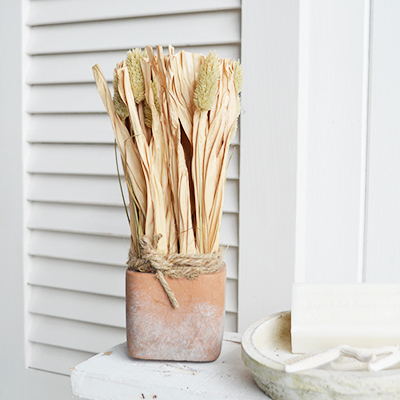 Dried Grass Bouquets in Terracotta Pot for New England style homes and interiors in the city, country and by the coast 