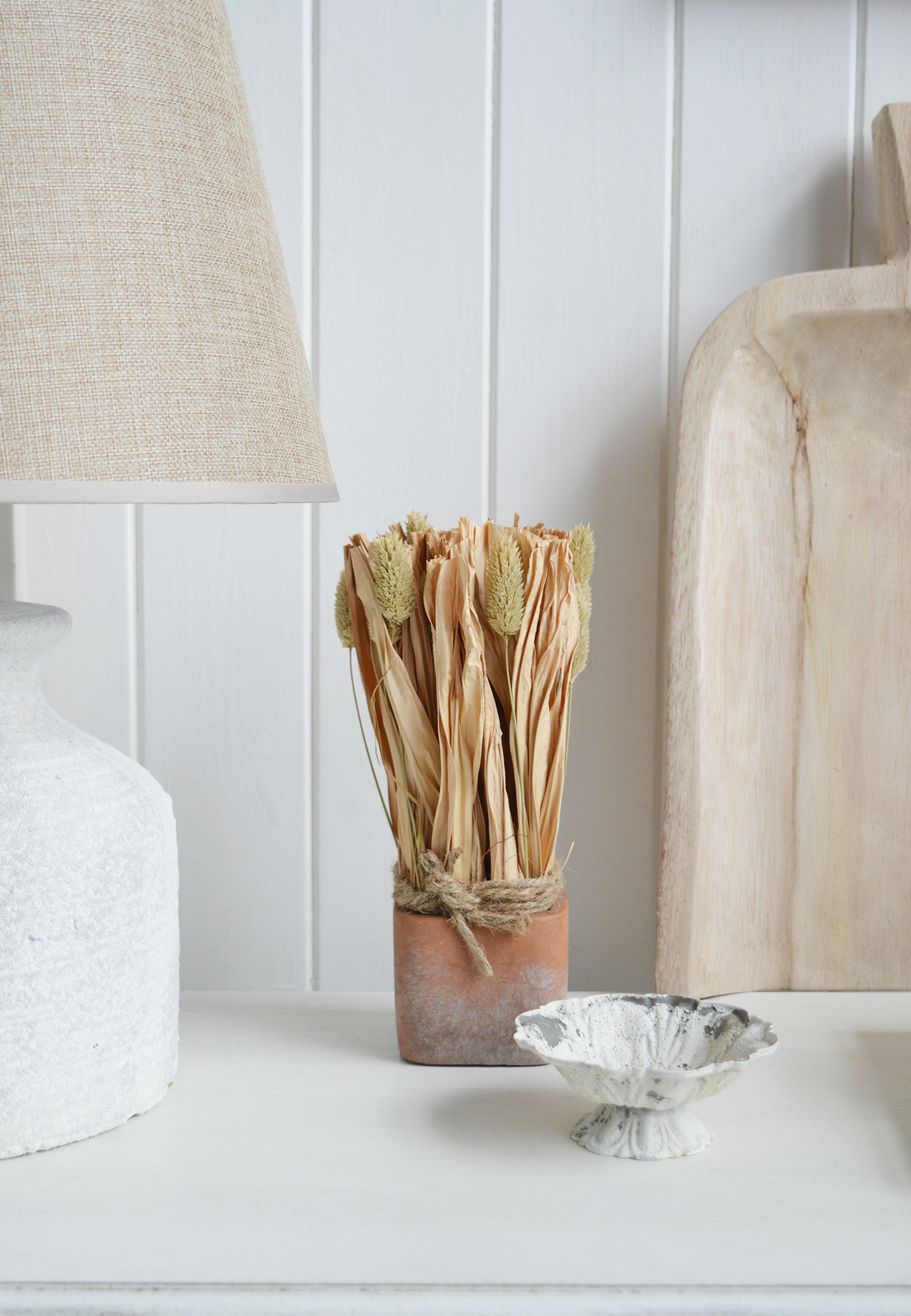 Dried Grass Bouquets in Terracotta Pot for New England style homes and interiors in the city, country and by the coast 