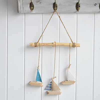 Driftwood Sailing Boat Mobile - New England Coastal and Beach House Style Home Decor to complement our coastal and beach house furniture