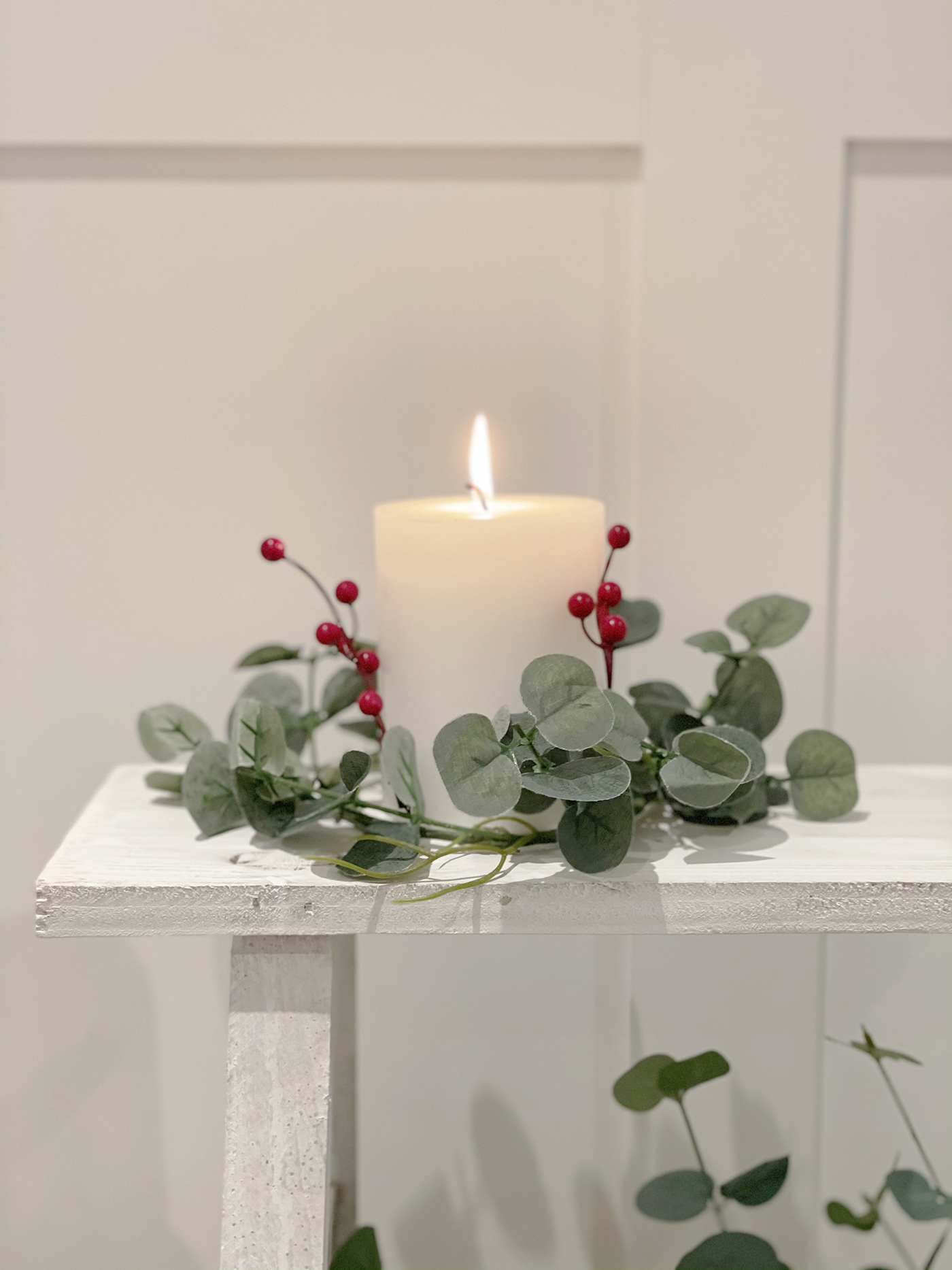 Eucalyptus Candle Ring with red berries for New England Home Interiors and Furniture