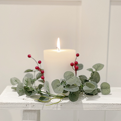 Eucalyptus Candle Ring with red berries for New England country and coastal Home Interiors and Furniture