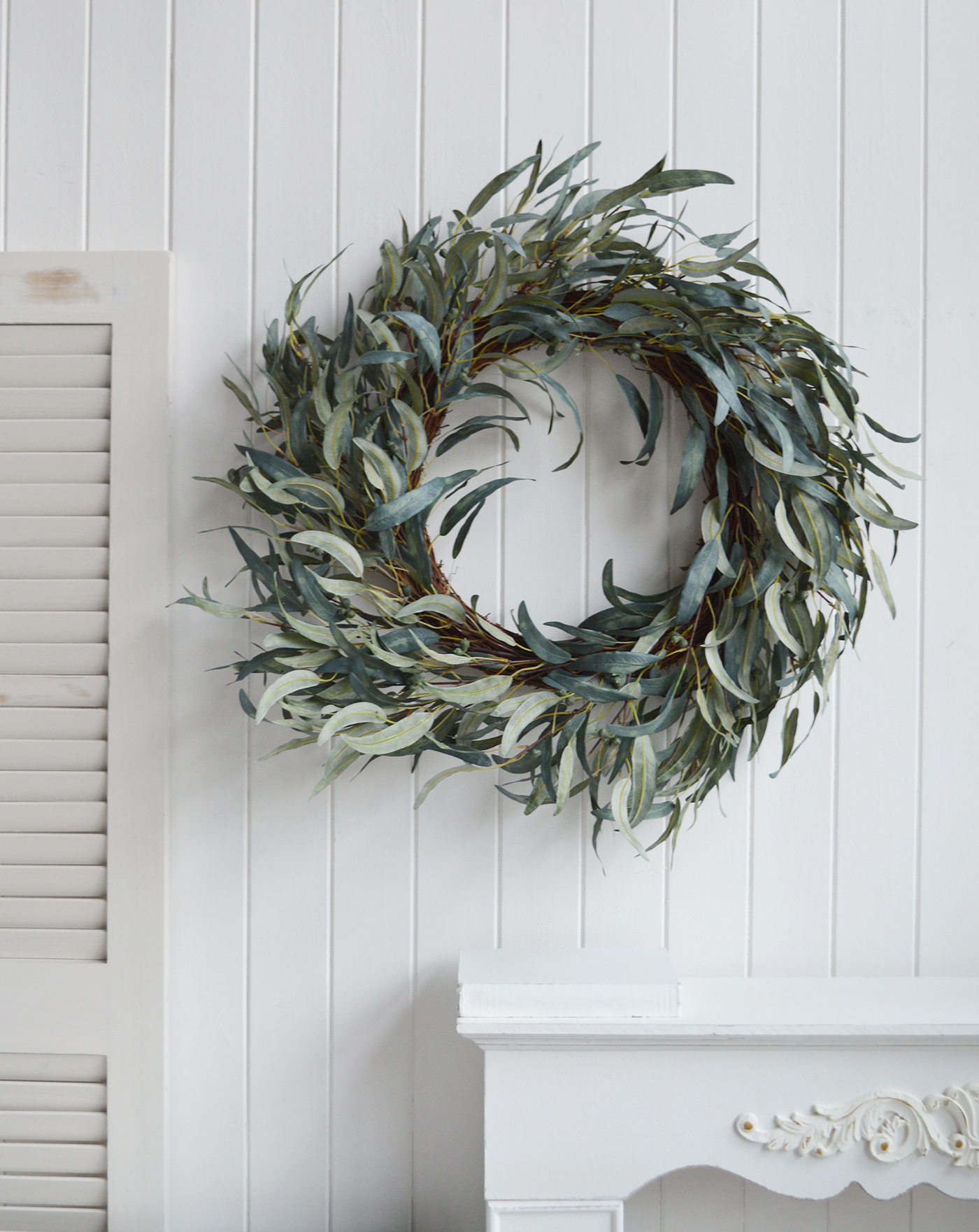 Large faux Eucalyptus wreath New England Coastal and Modern Farmhouse