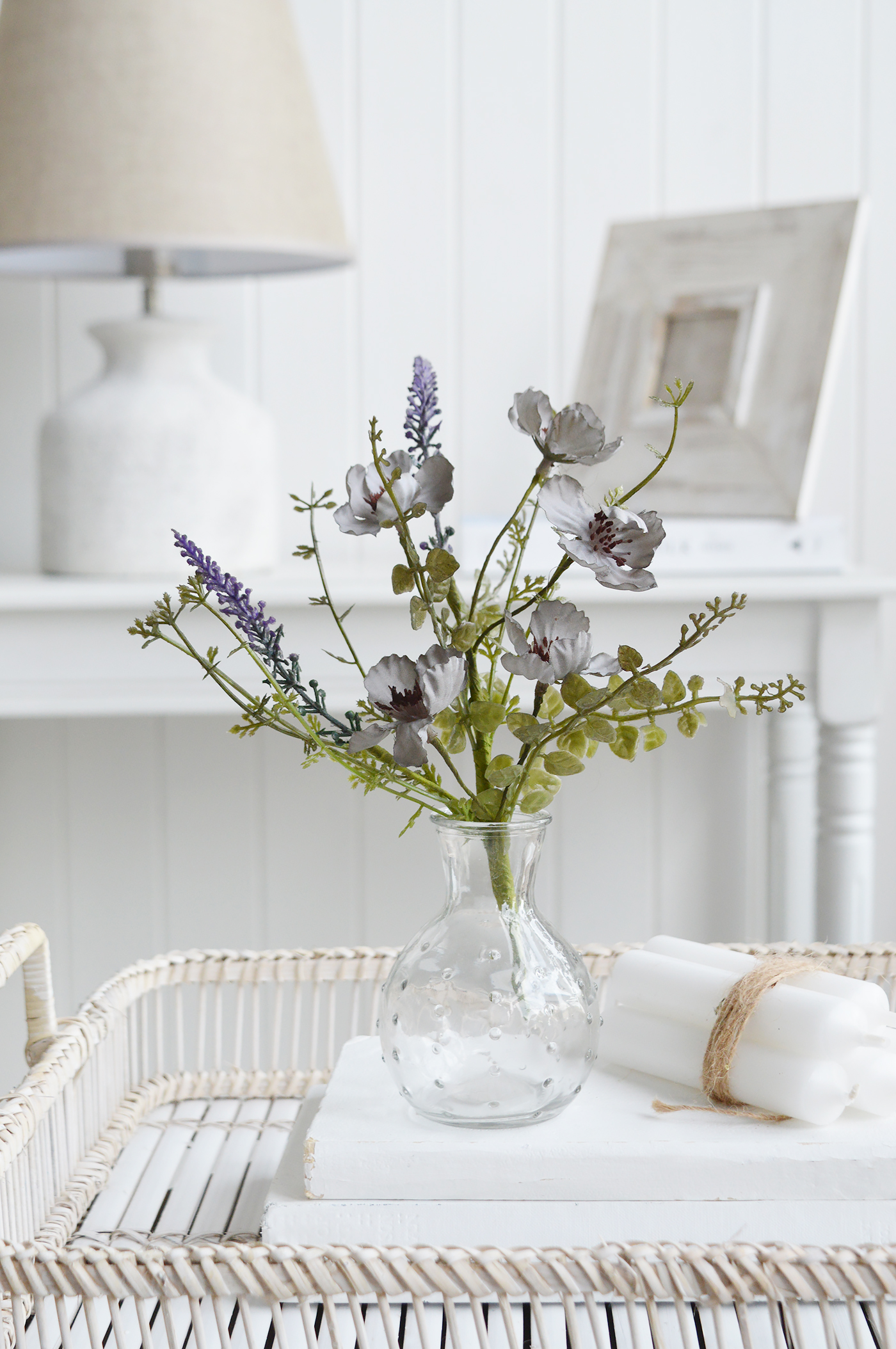 White Furniture and accessories for the home. Faux flowers and greenery - Little Blue Wild Rose spray for styling New England style  interiors. Farmhouse, country, coastal and city homes