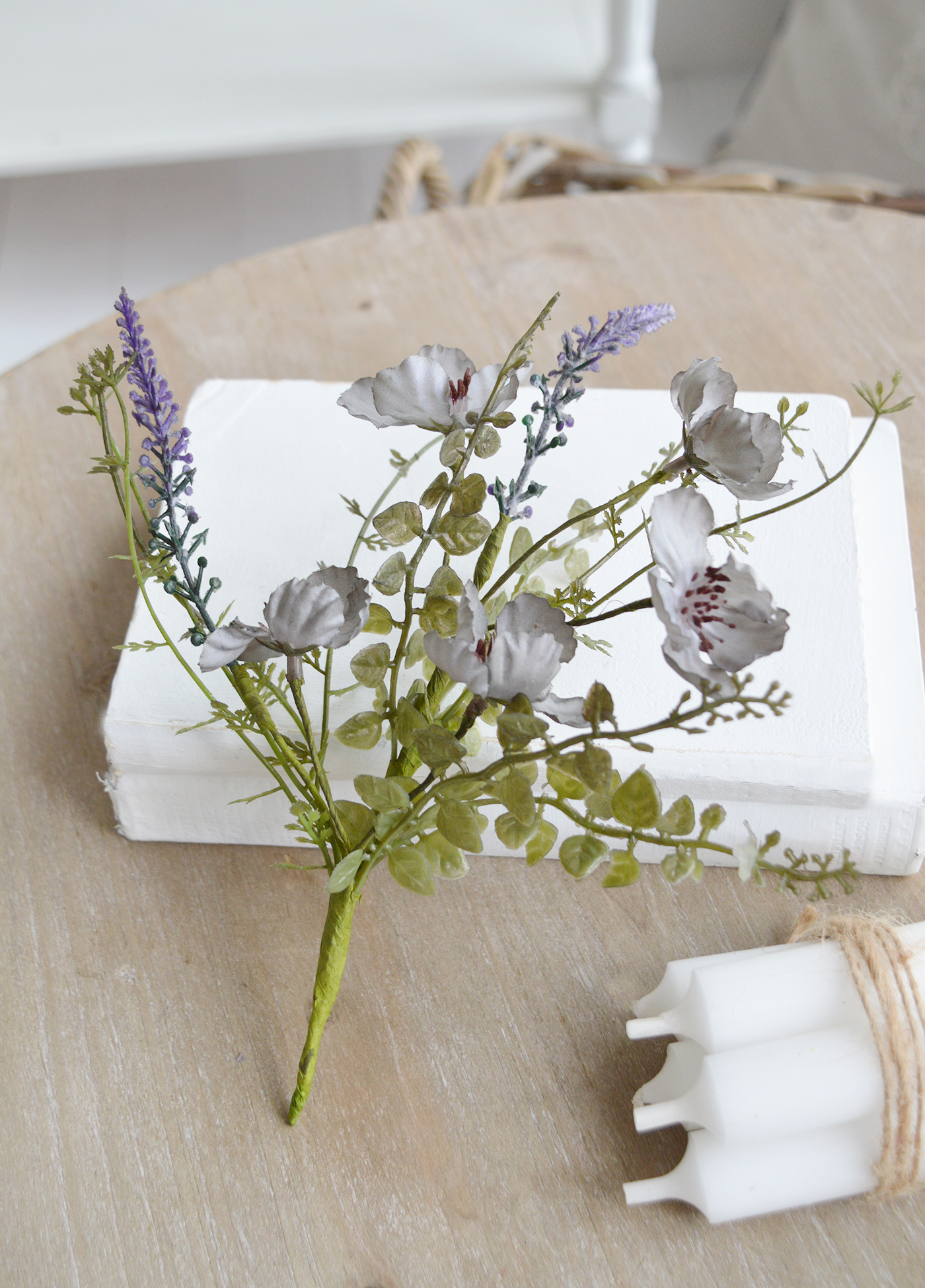 White Furniture and accessories for the home. Faux flowers and greenery - Little Blue Wild Rose spray for styling New England style  interiors. Farmhouse, country, coastal and city homes