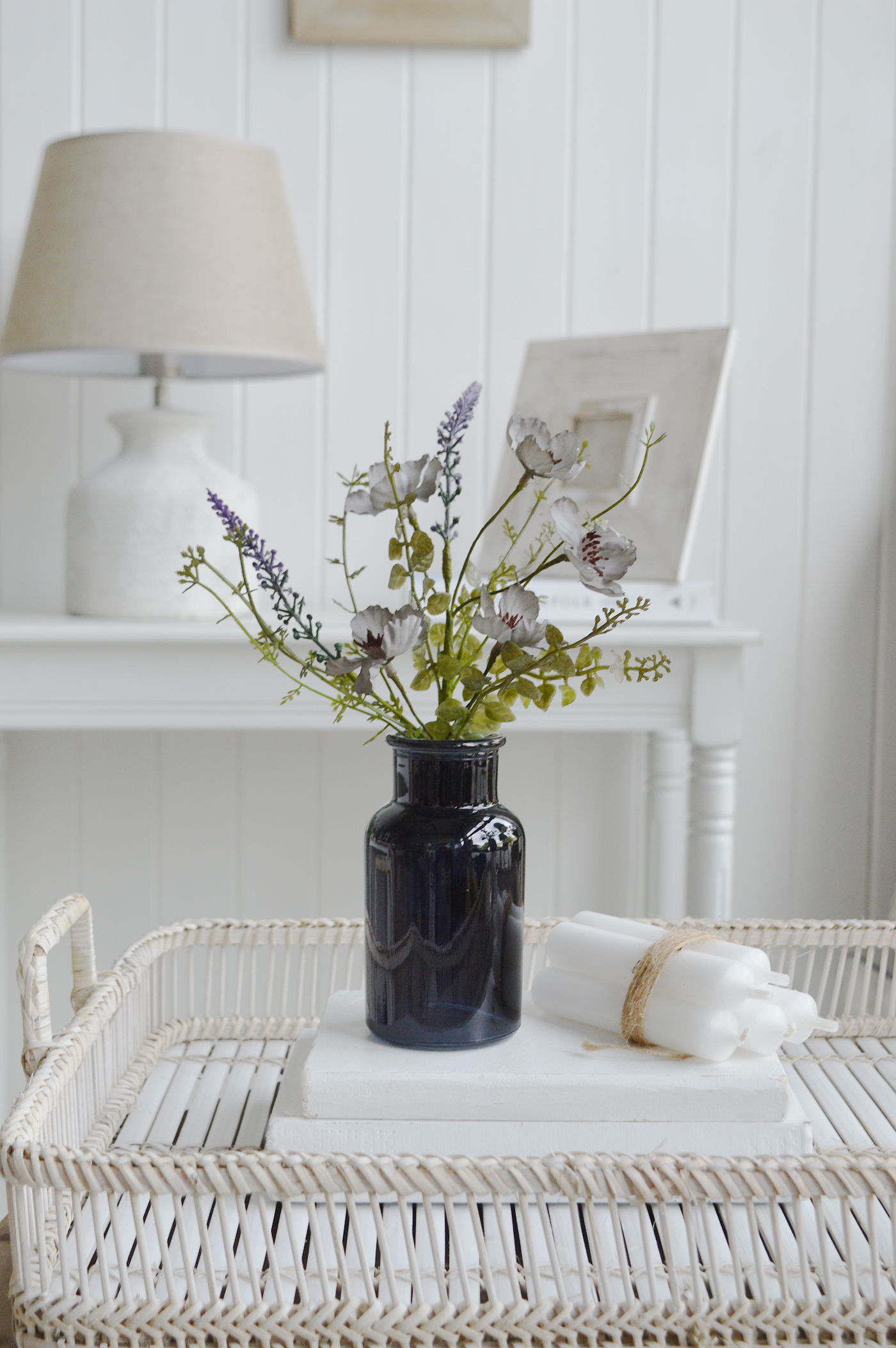 New England style interiors. Coffee table styling for coastal, modern farmhouse and country homes from The White Lighthouse Furniture