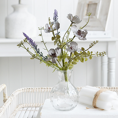 White Furniture and accessories for the home. Mini faux Blue Rose and Lavender Spray New England coastal and country interiors