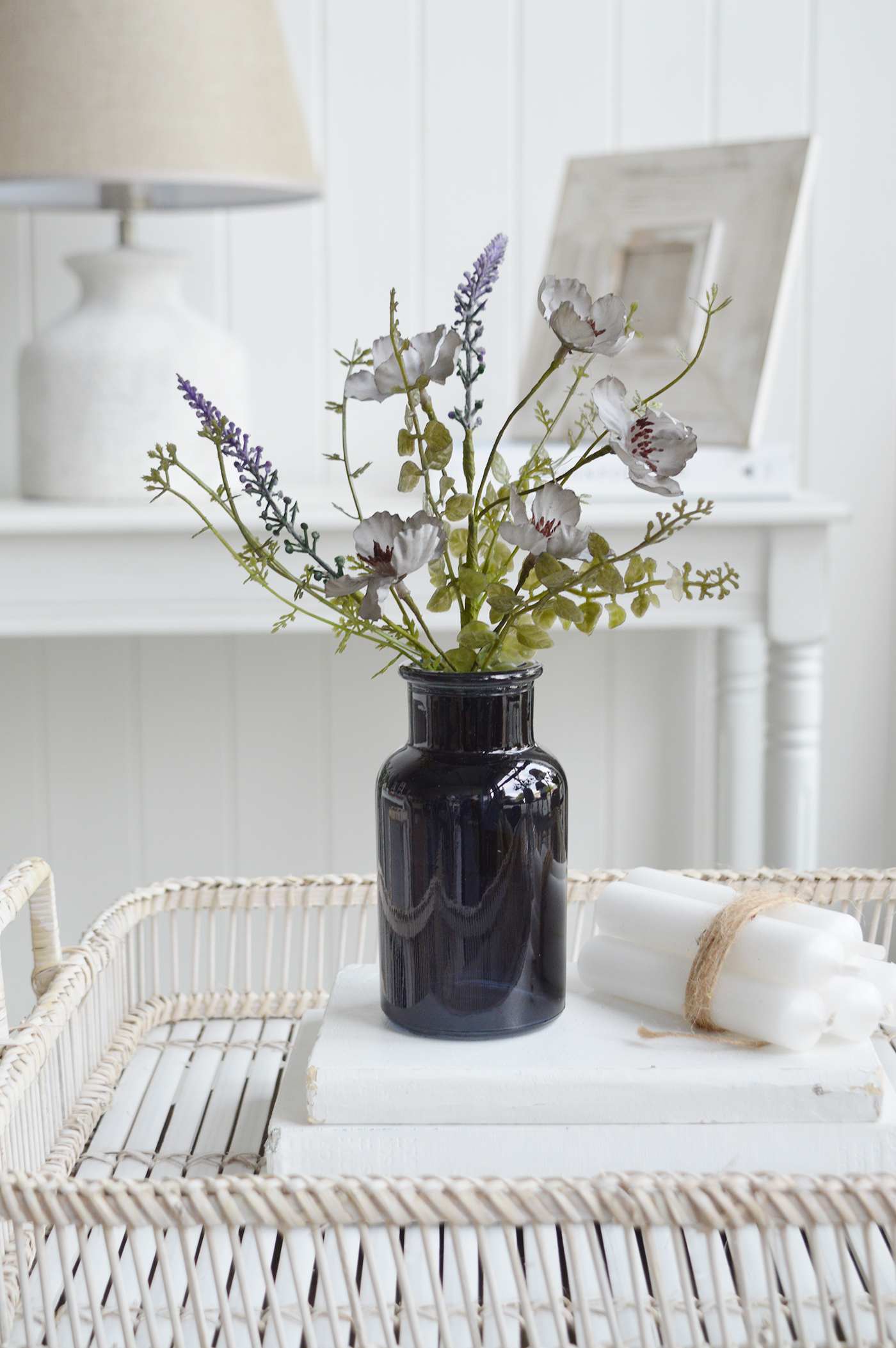 White Furniture and accessories for the home. Faux flowers and greenery - Little Blue Wild Rose spray for styling New England style  interiors. Farmhouse, country, coastal and city homes