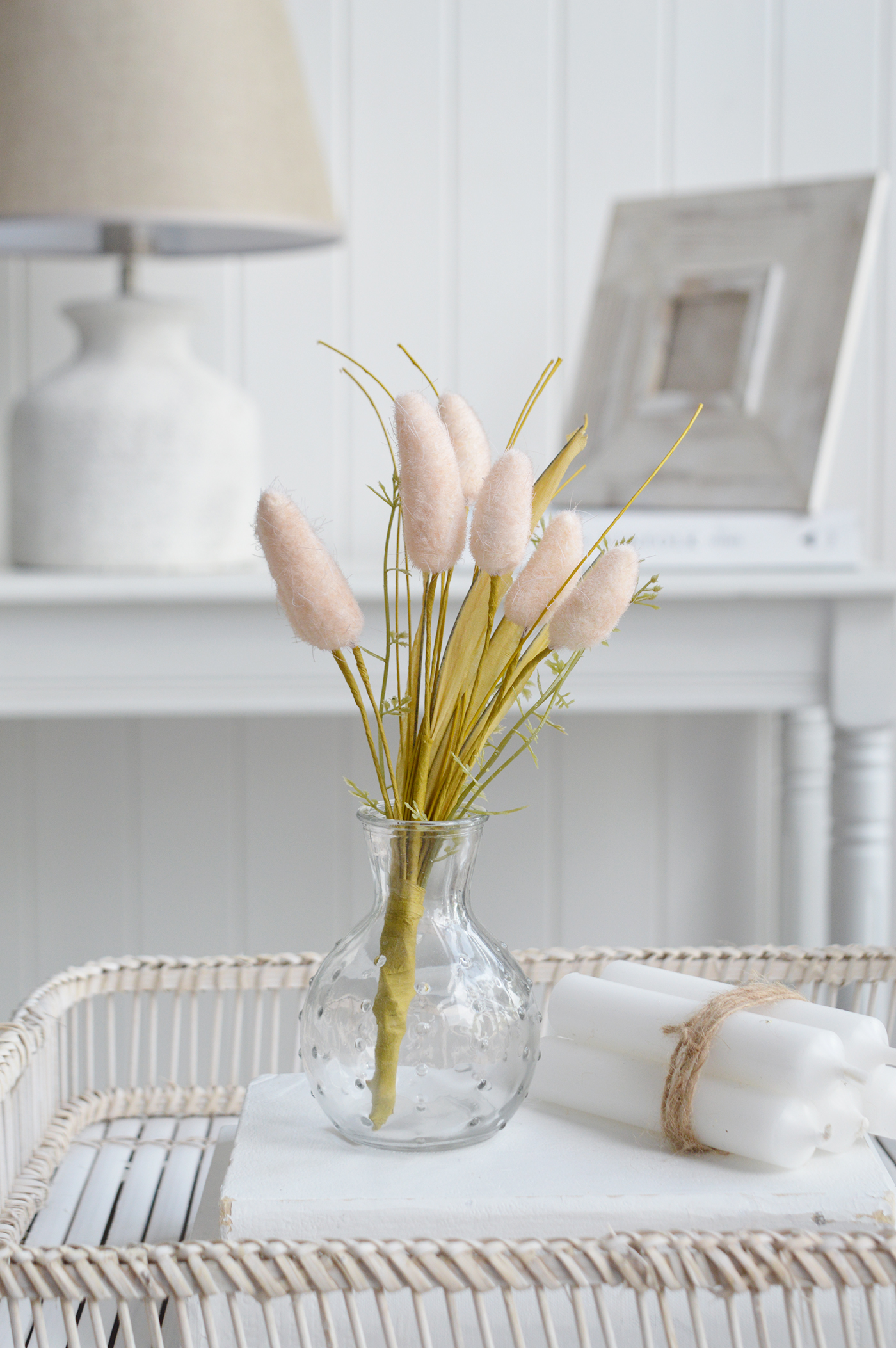 White Furniture and accessories for the home. Faux flowers and greenery - Little Bunnytail spray for styling New England style  interiors. Farmhouse, country, coastal and city homes