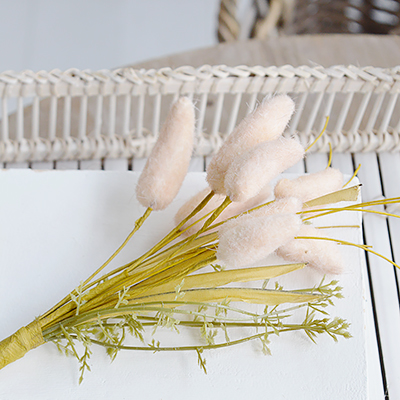 White Furniture and accessories for the home. Mini faux bunnytail spray New England coastal and country interiors