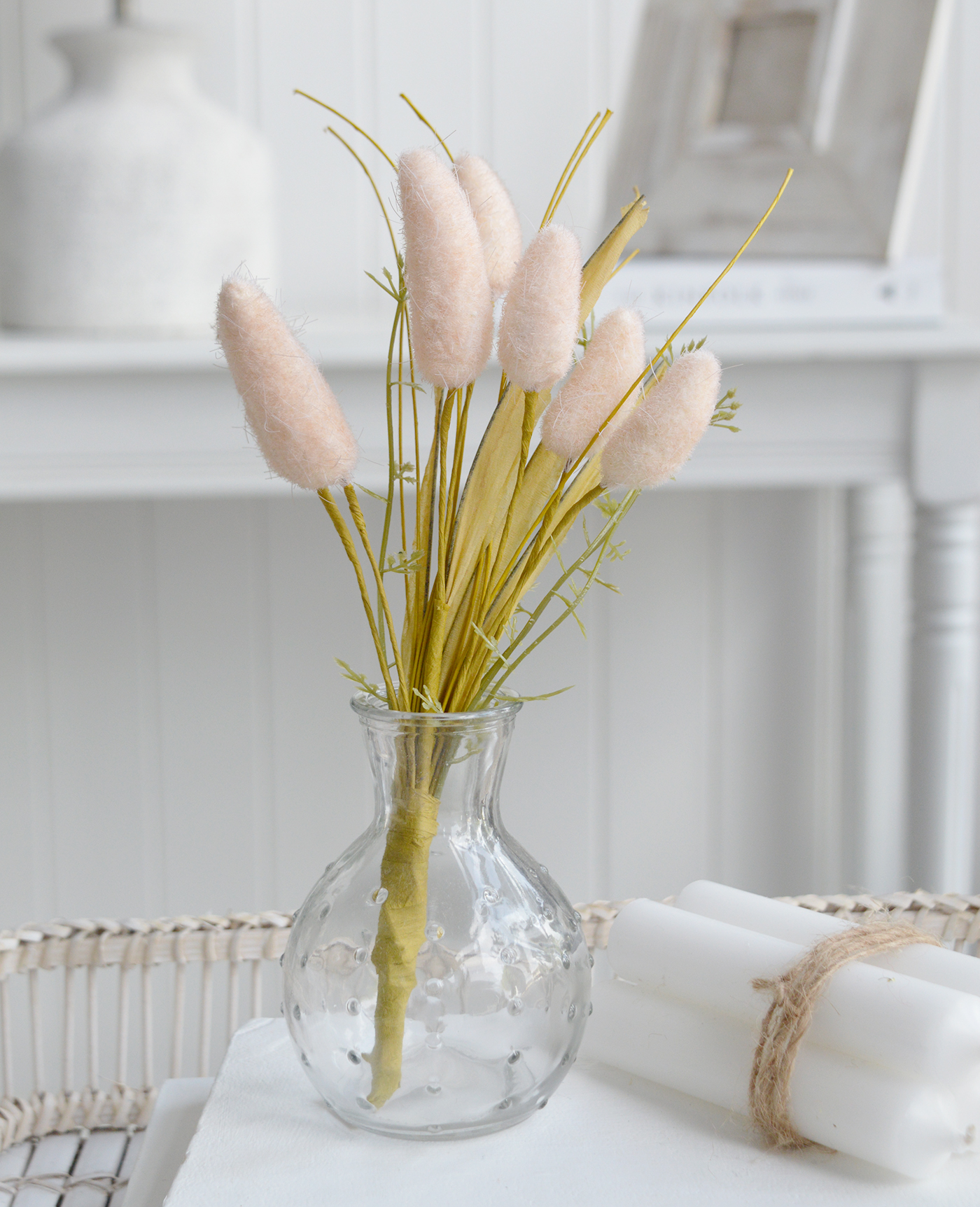 White Furniture and accessories for the home. Faux flowers and greenery - Little Bunnytail spray for styling New England style  interiors. Farmhouse, country, coastal and city homes