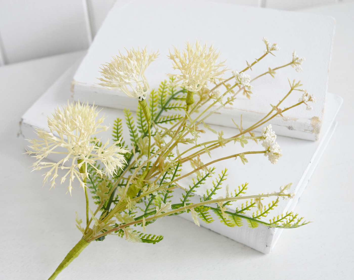 Faux flowers and greenery - Mini cream wild thistle and fern spray for styling New England style  interiors