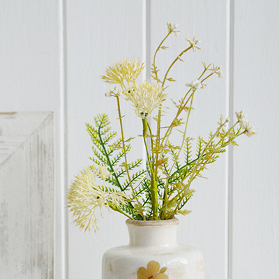 Faux flowers and greenery - Mini cream wild thistle and fern spray for styling New England style  interiors