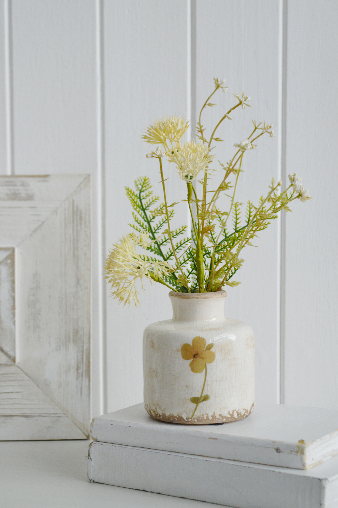 Faux flowers and greenery - Mini cream wild thistle and fern spray for styling New England style  interiors