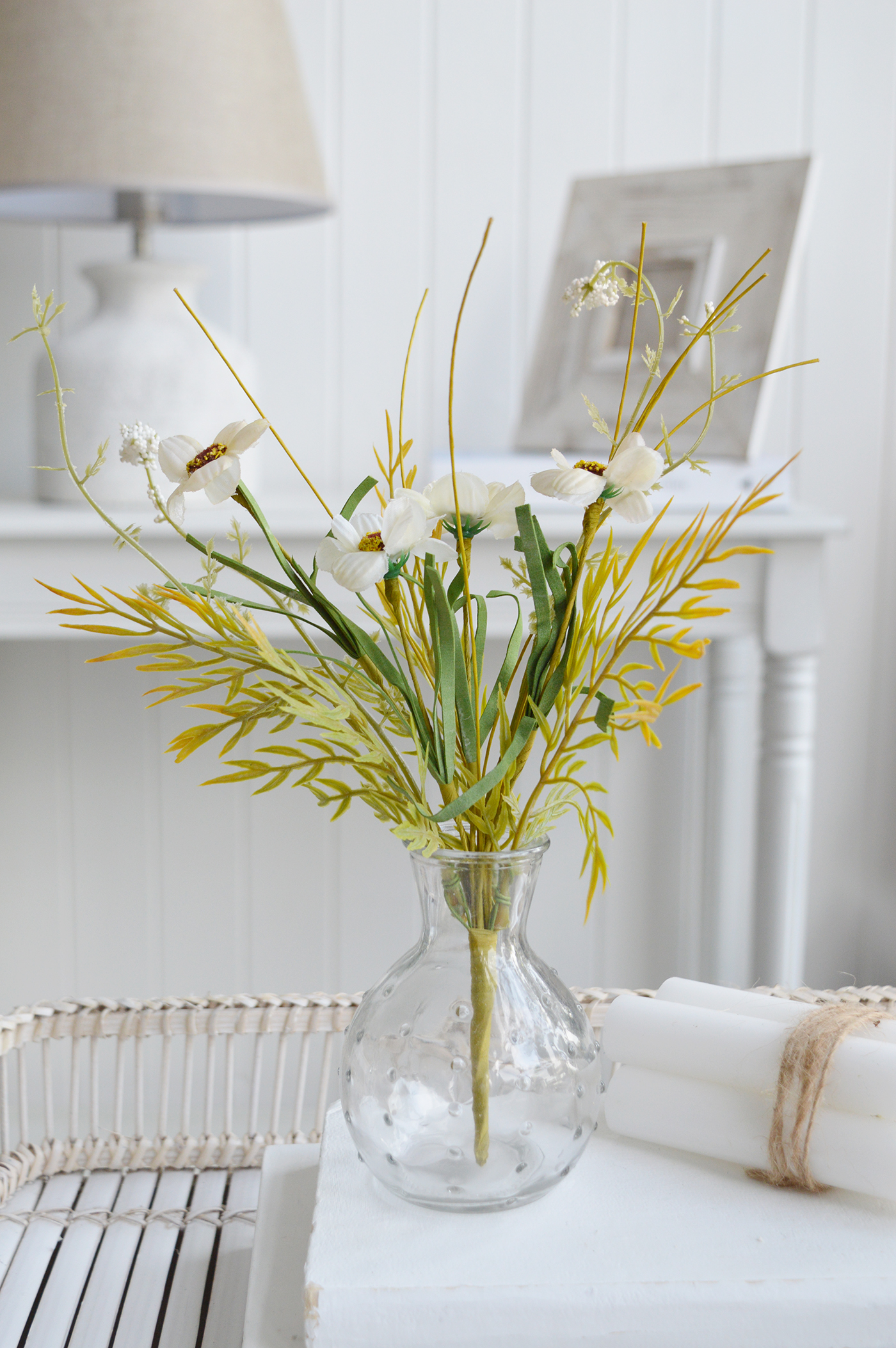 White Furniture and accessories for the home. Faux flowers and greenery - Cream wild flower spray for styling New England style  interiors. Farmhouse, country, coastal and city homes
