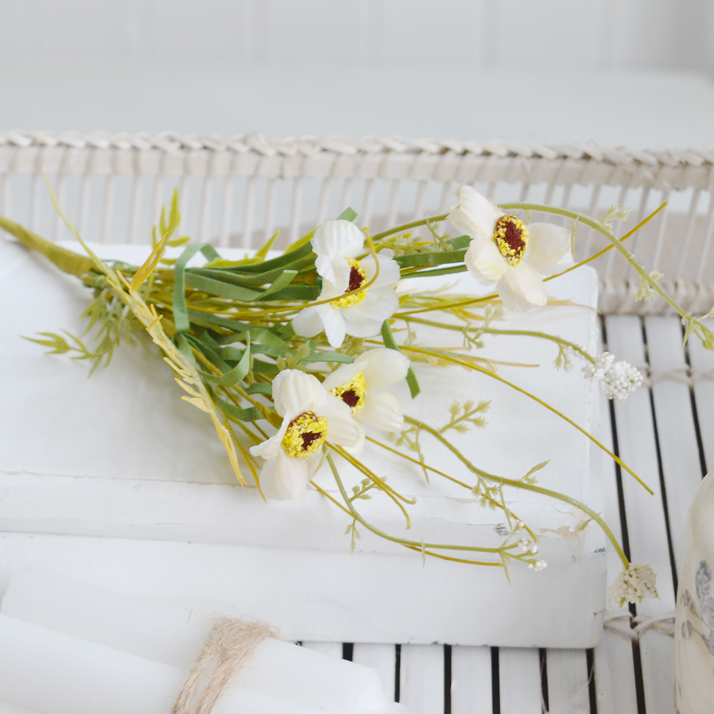 White Furniture and accessories for the home. Faux flowers and greenery - Cream wild flower spray for styling New England style  interiors. Farmhouse, country, coastal and city homes