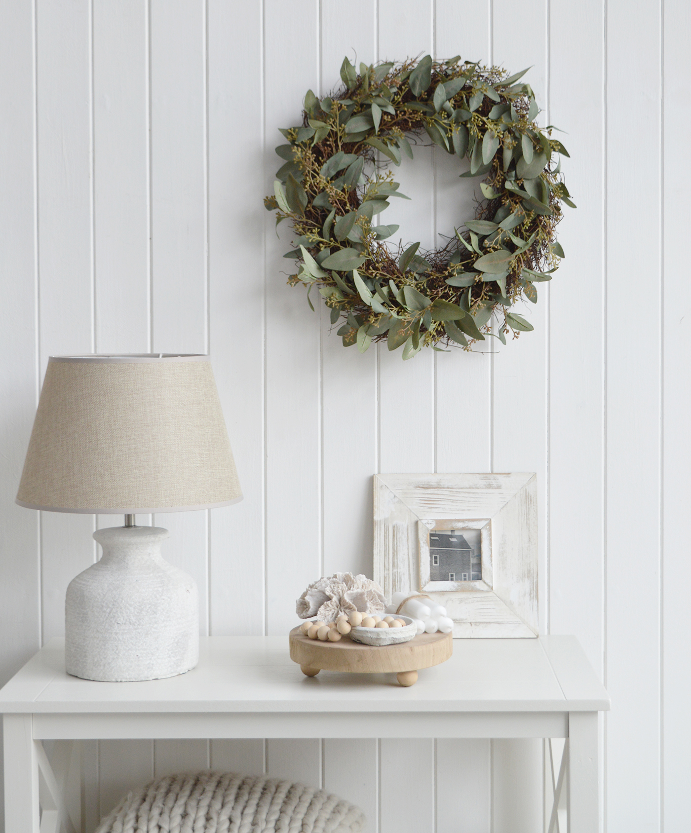 Timeless New England style with our beautiful faux Eucalyptus wreath to decorate coastal and Hamptons homes and interiors