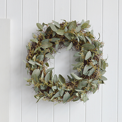 Timeless New England style with our beautiful faux Eucalyptus wreath to decorate coastal and Hamptons homes and interiors