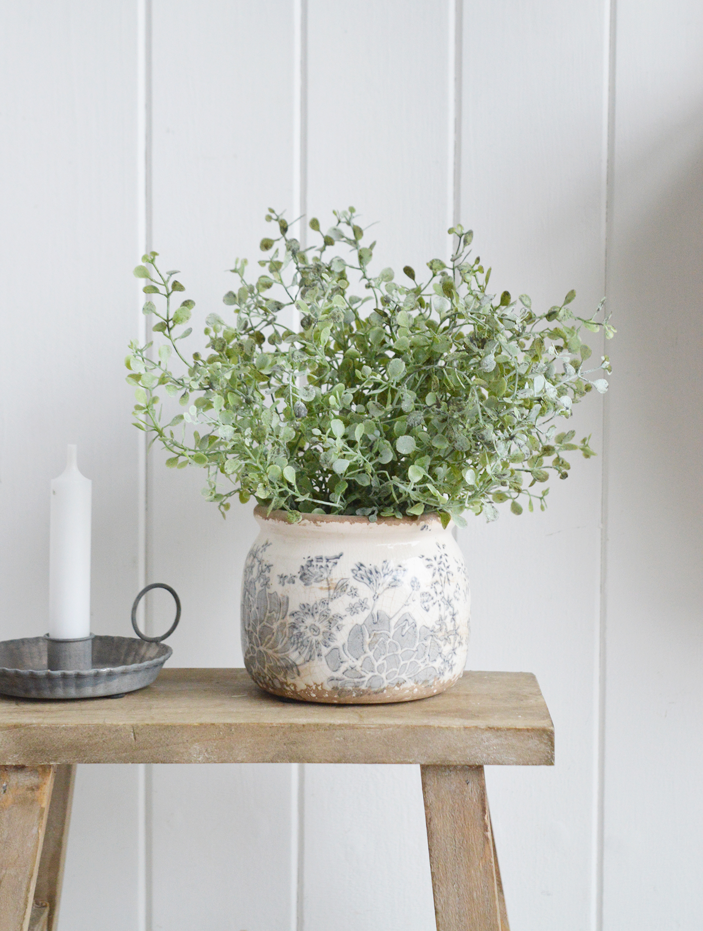 Faux greenery Eucalyptus gunnii  for styling New England style  interiors. Farmhouse, country, coastal and city homes