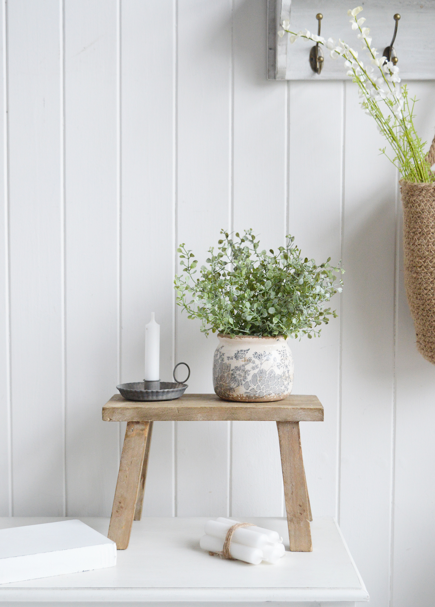 Faux greenery Eucalyptus gunnii  for styling New England style  interiors. Farmhouse, country, coastal and city homes