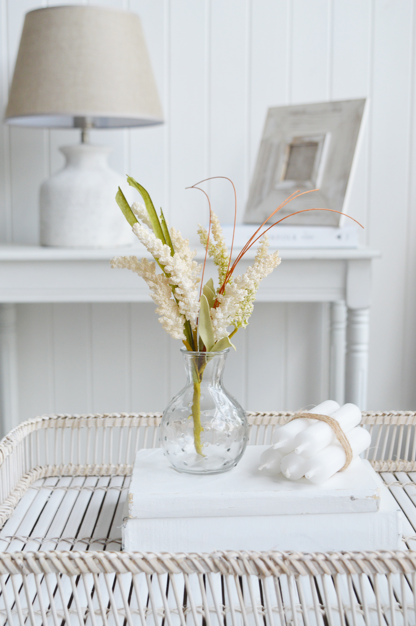 White Furniture and accessories for the home. Faux flowers and greenery - Little heather spray for styling New England style  interiors. Farmhouse, country, coastal and city homes