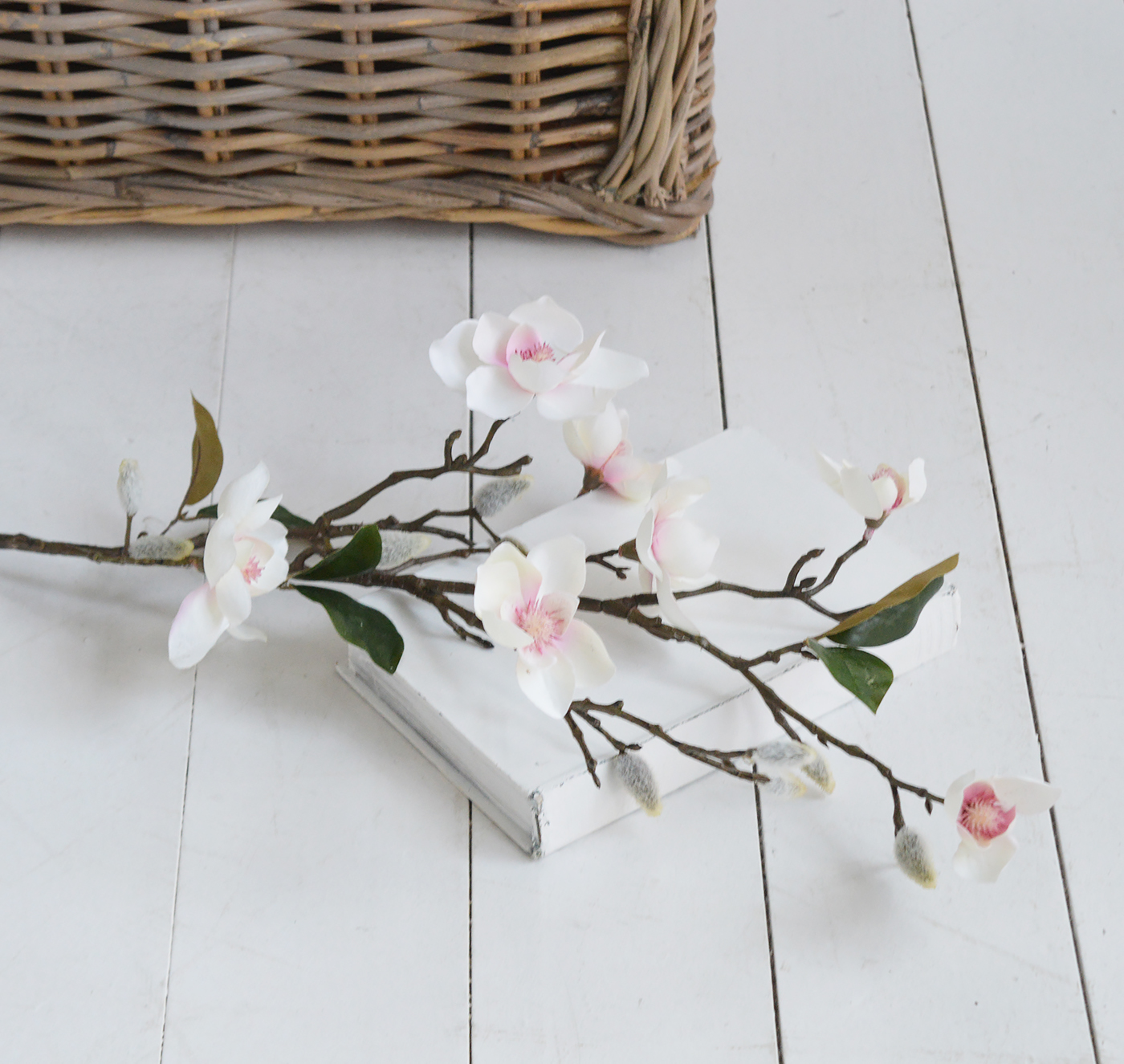 Faux Magnolia branch, a perfectly realistic artificial flower to complement our New England range of furniture and interiors for coastal and modern farmhouse homes