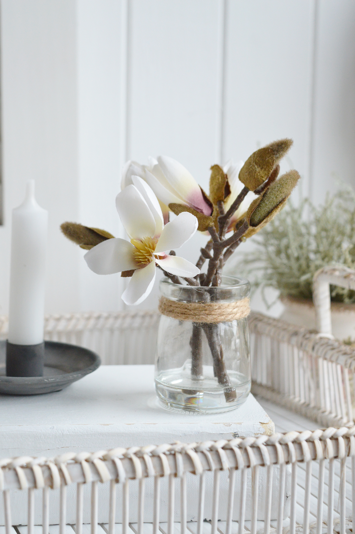 Faux Magnolia Sprig in Pot - Styling New England Country, modern Farmhouswe and Coastal Homes and Interiors