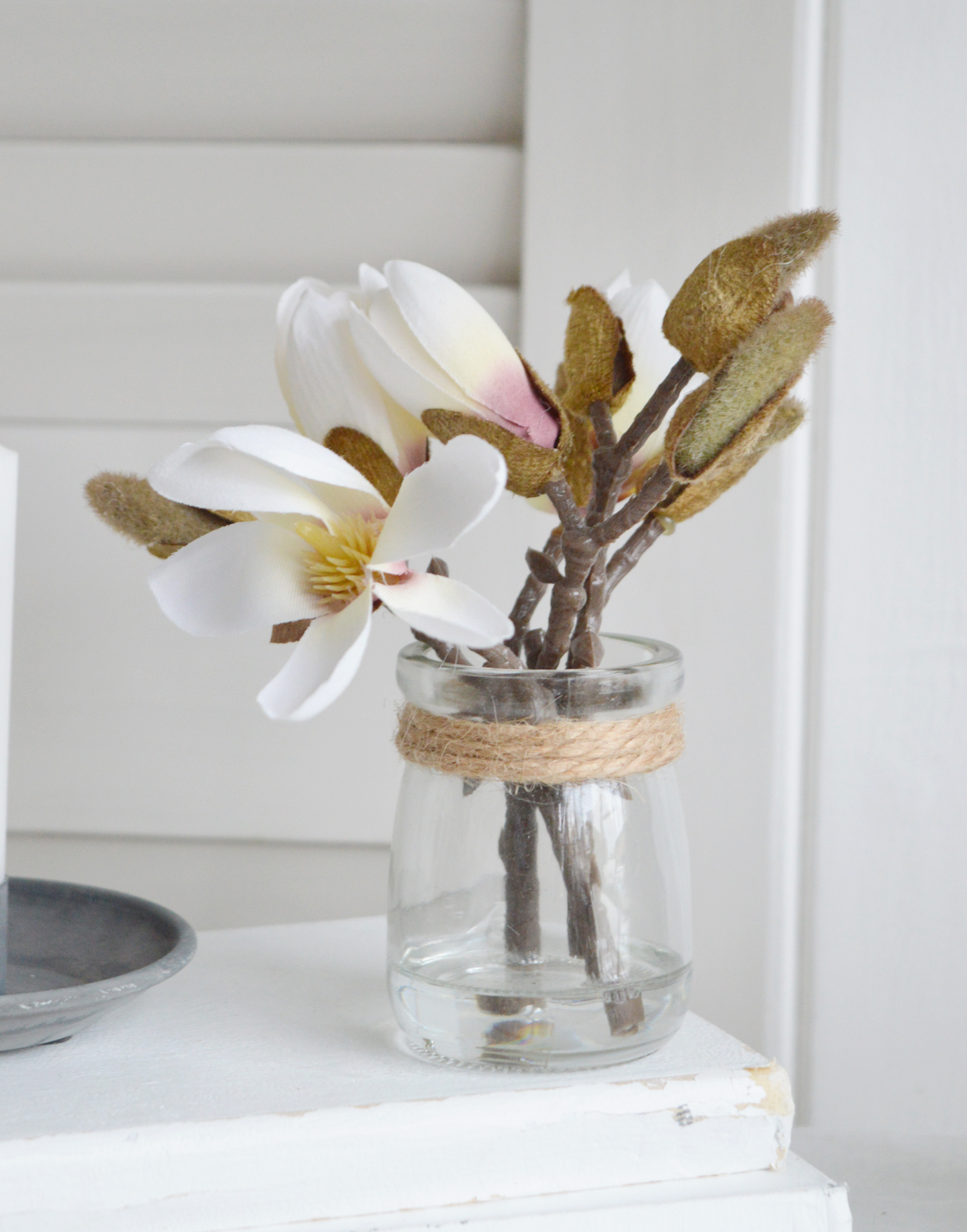 Faux Magnolia Sprig in Pot - Styling New England Country, modern Farmhouswe and Coastal Homes and Interiors