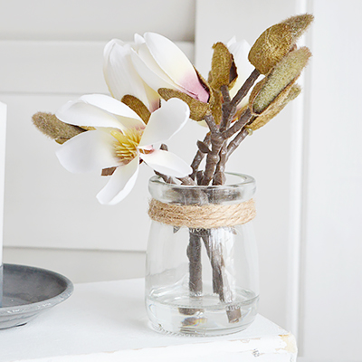 Faux Magnolia Sprig in Pot - Styling New England Country, modern Farmhouswe and Coastal Homes and Interiors