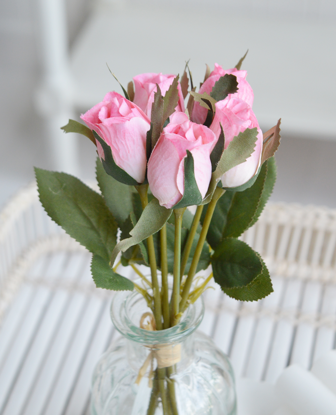 White Furniture and accessories for the home. Faux flowers and greenery - Little heather spray for styling New England style  interiors. Farmhouse, country, coastal and city homes