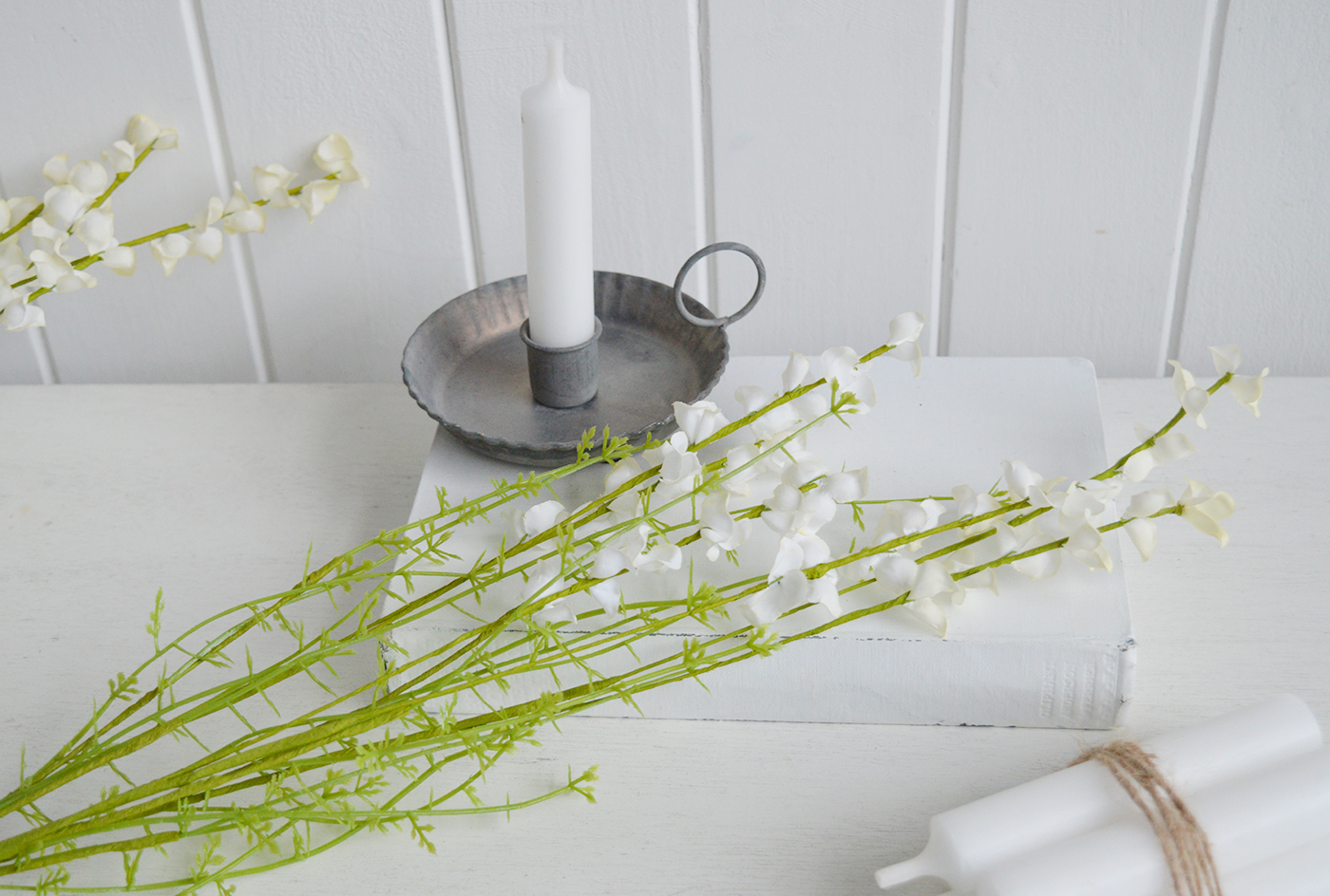 Faux White Lupin Spray. New England coastal, and modern country and farmhouse interiors