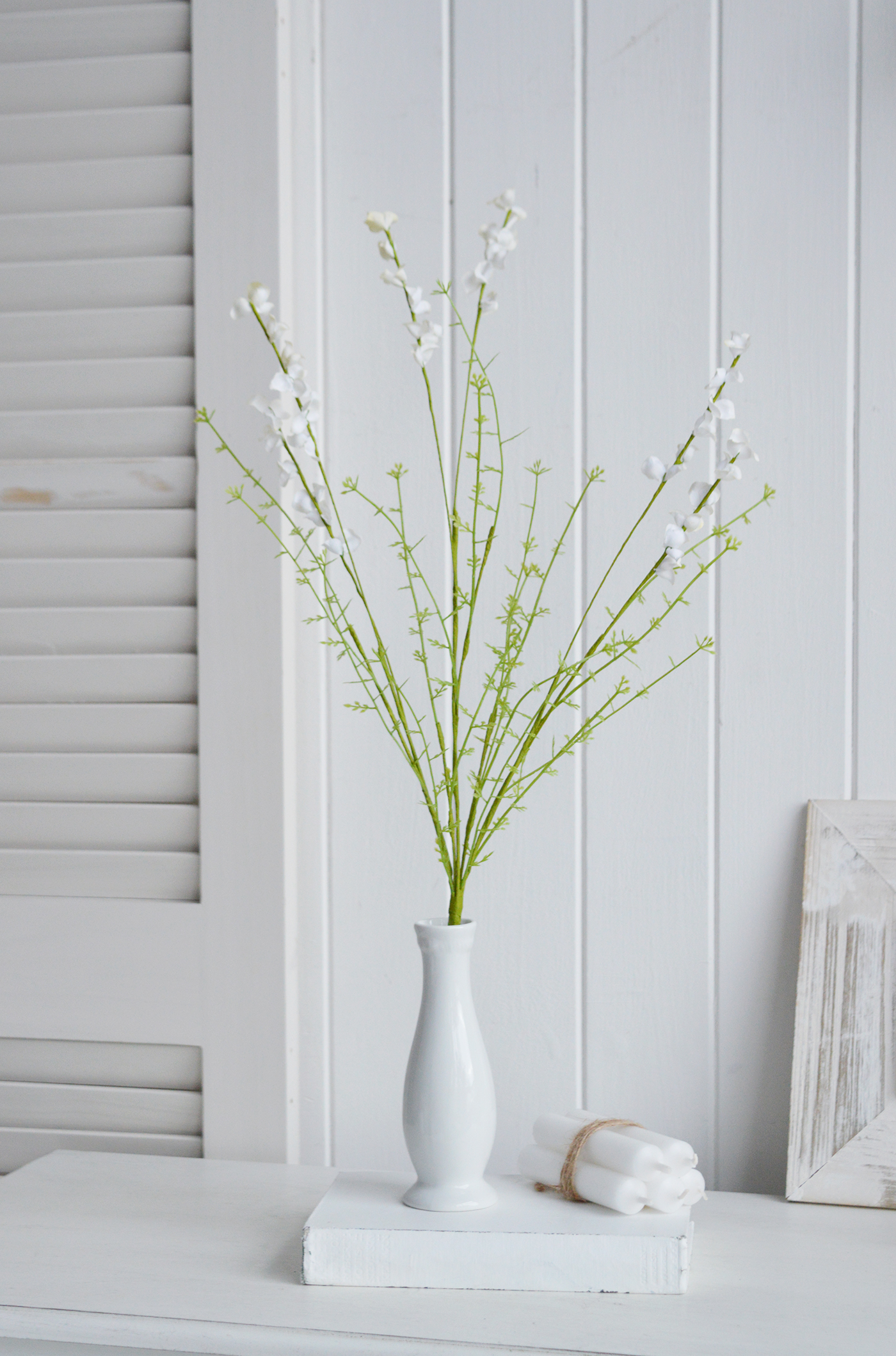 Faux White Lupin Spray. New England coastal, and modern country and farmhouse interiors