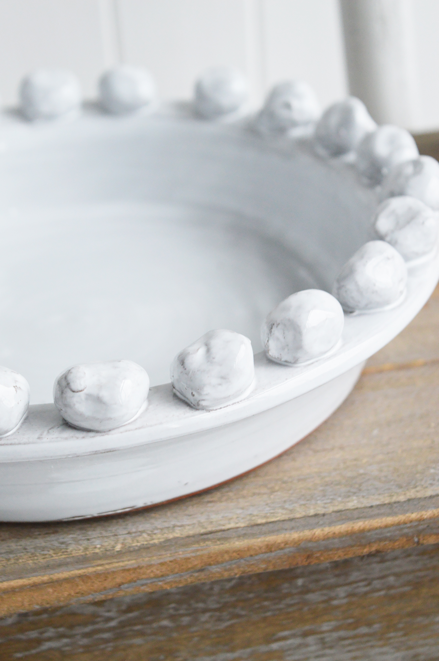 White Terracotta Bobble Fruit Bowl - Table Centre Piece. White for New England Style interiors for coastal, country and city home interiors from The White Lighthouse