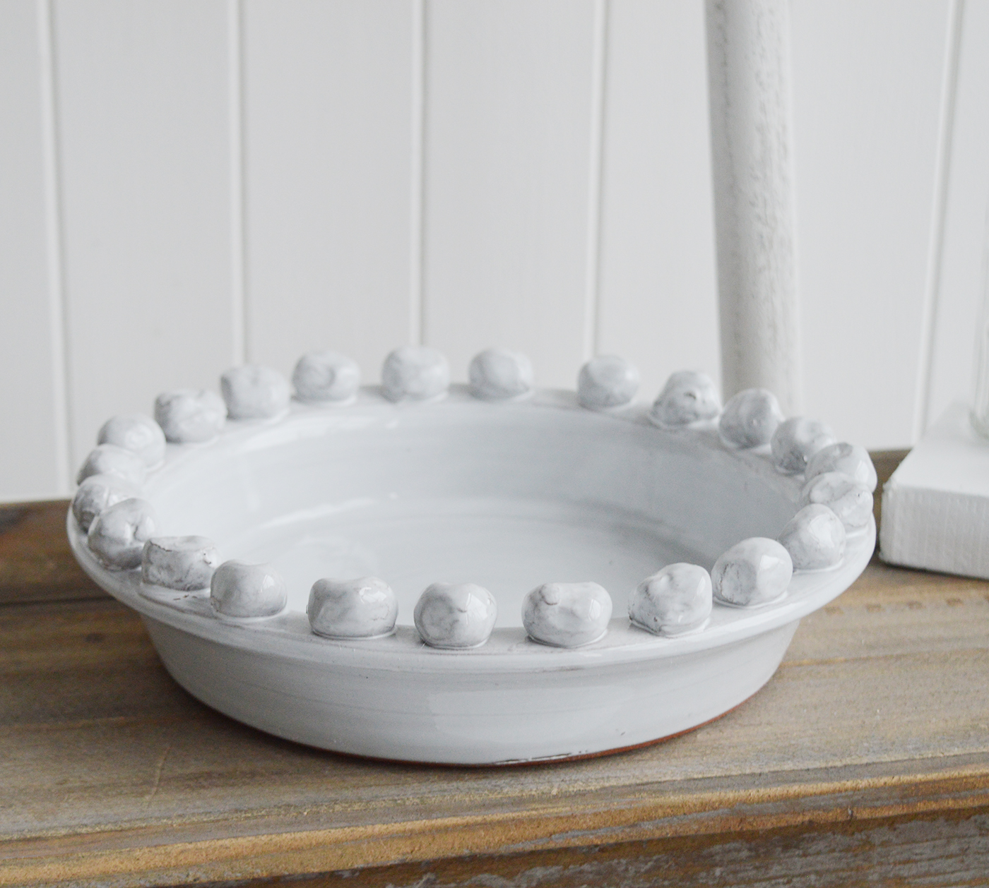 White Terracotta Bobble Fruit Bowl - Table Centre Piece. White for New England Style interiors for coastal, country and city home interiors from The White Lighthouse