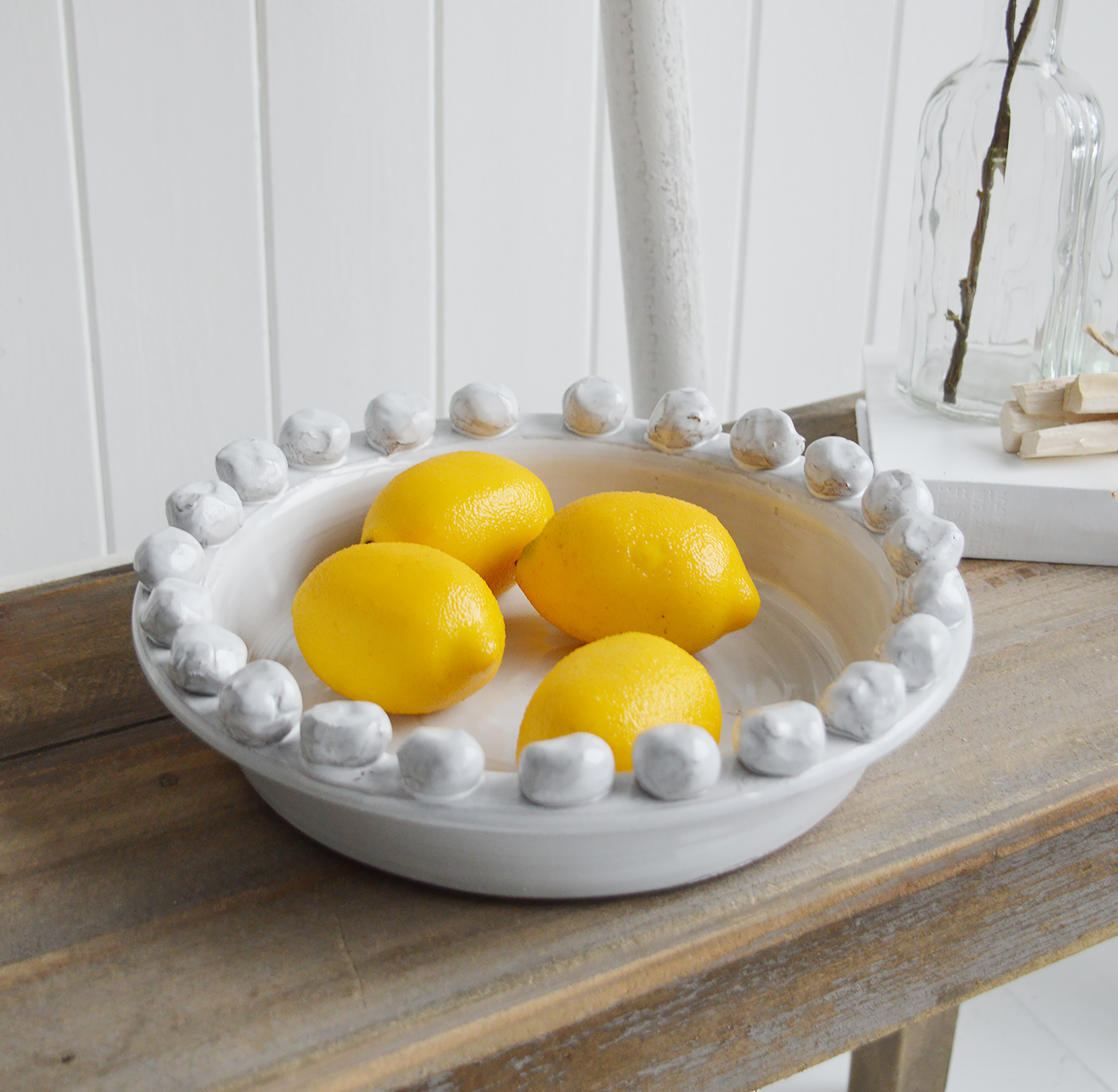 White Terracotta Bobble Fruit Bowl - Table Centre Piece. White for New England Style interiors for coastal, country and city home interiors from The White Lighthouse
