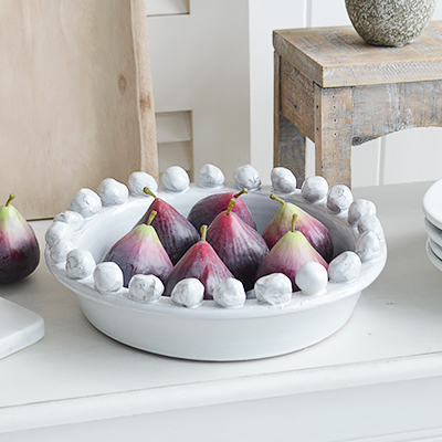 White Terracotta Bobble Fruit Bowl - Table Centre Piece. White for New England Style interiors for coastal, country and city home interiors from The White Lighthouse