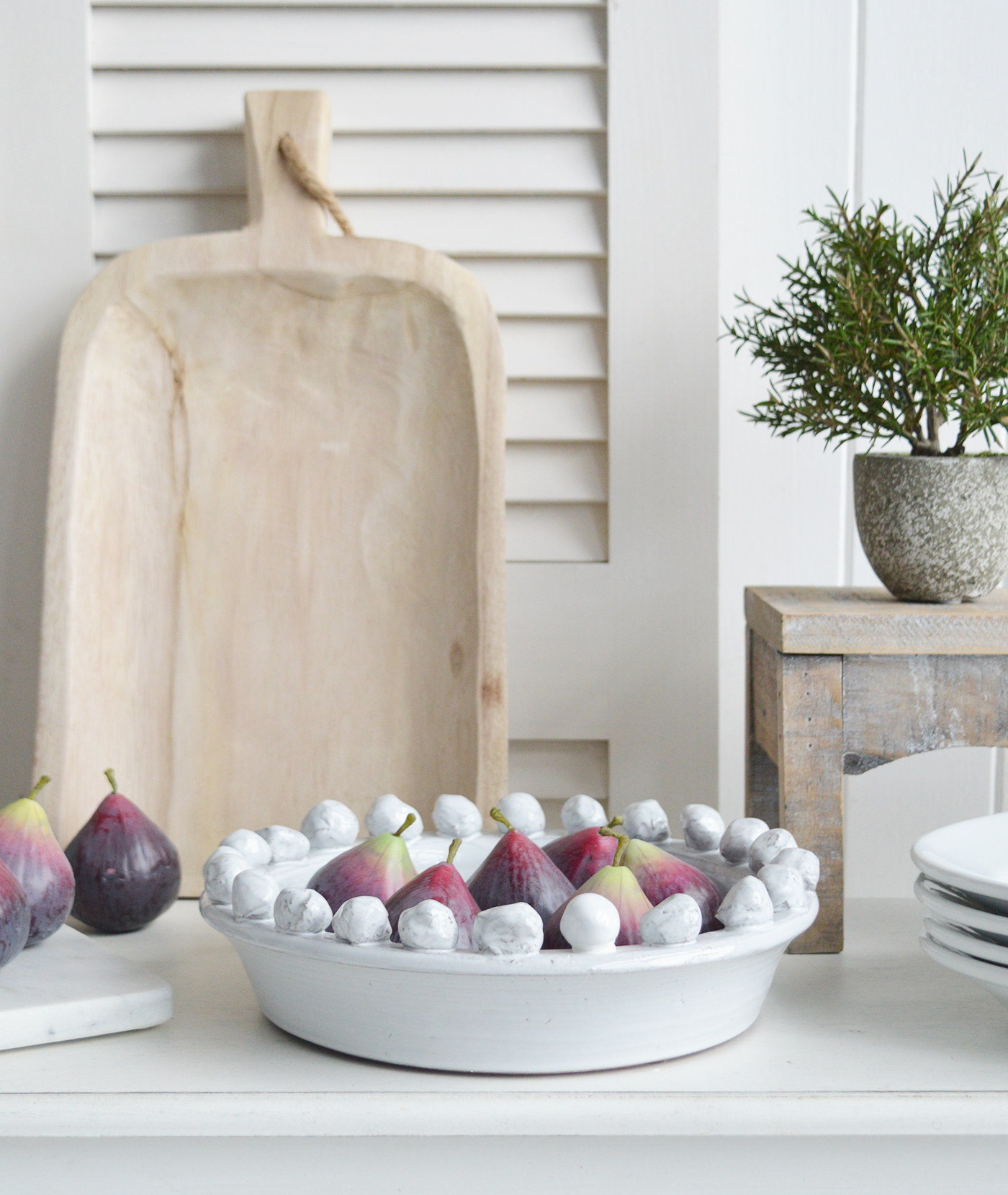 White ceramic fruit bowl with bobbles with realistic artificial decorative figs to create a forever dispaly for your New England coastal and country home interior