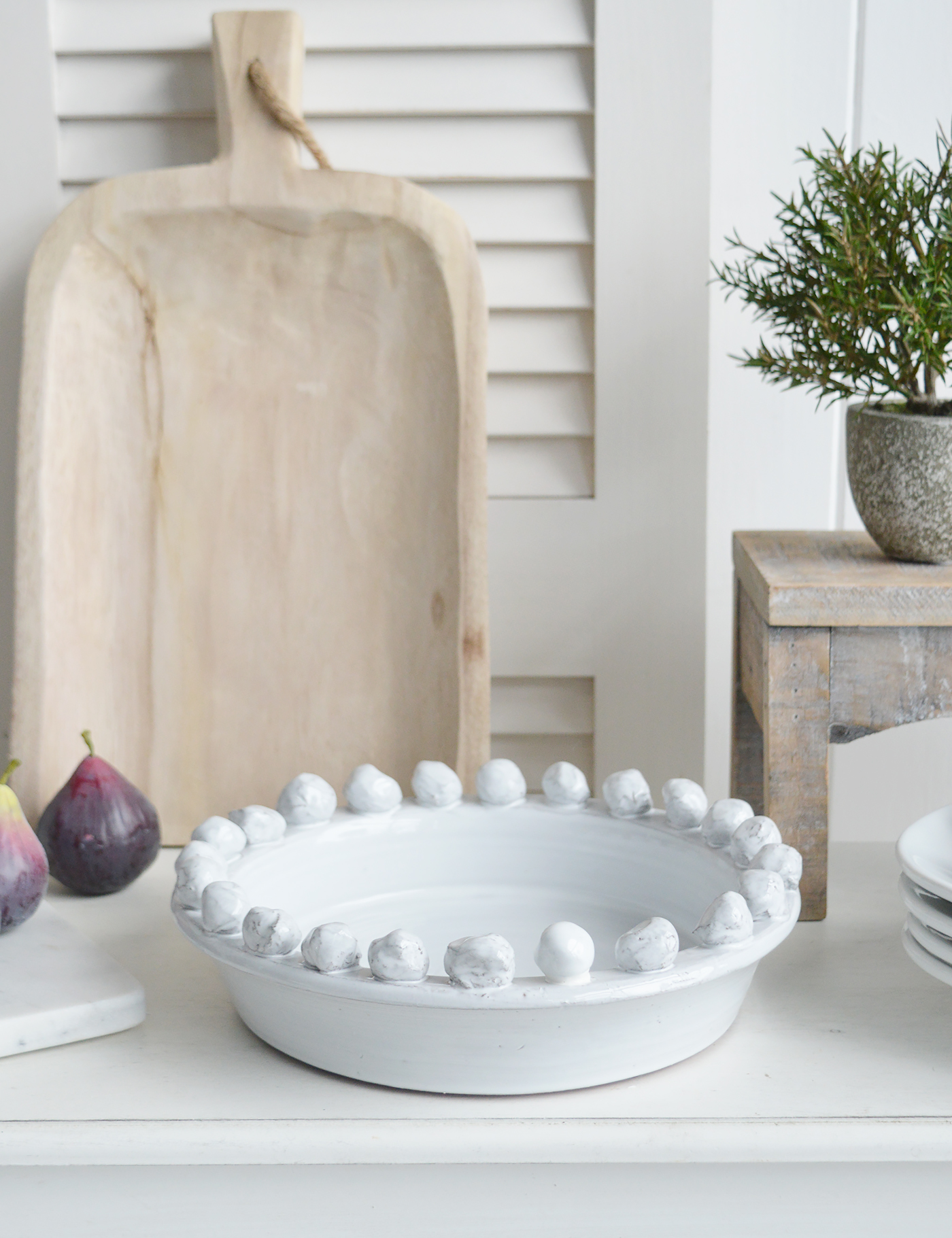 White ceramic fruit bowl with bobbles with realistic artificial decorative figs to create a forever dispaly for your New England coastal and country home interior