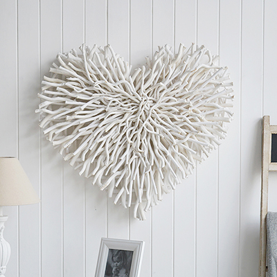 Large Chunky twig white heart for wall decor in New England, country, coattage and coastal home interiors