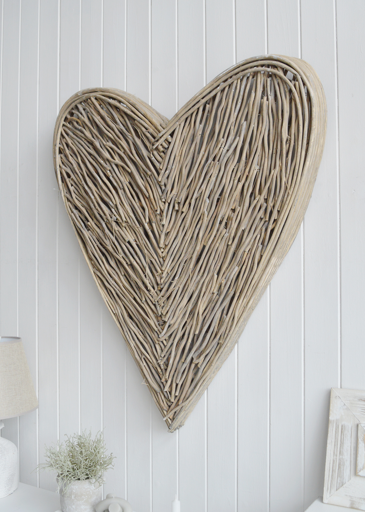 Large rustic grey willow heart wreath for New England country cottage and coastal homes and interiors