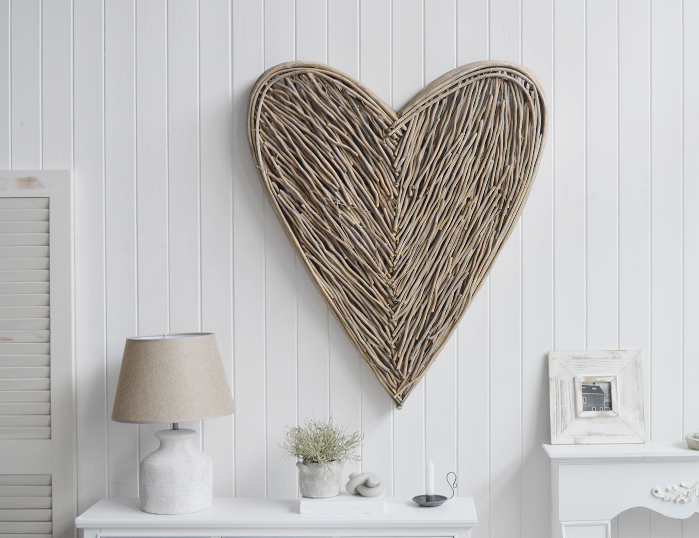 Large rustic grey willow heart wreath for New England country cottage and coastal homes and interiors