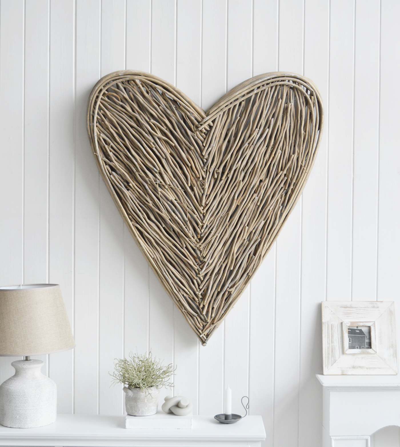 Large rustic grey willow heart wreath for New England country cottage and coastal homes and interiors