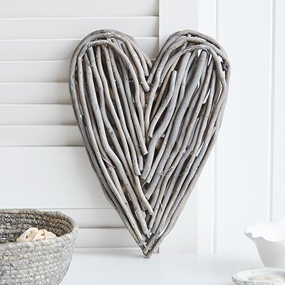 The White Lighthouse. White Furniture and accessories for the home. Driftwood heart wall decor designed to perfectly complement our New England Coastal and Country home interiors with our bedroom, living room and hallway white furniture