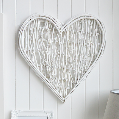 Large Chunky twig white heart for wall decor in New England, country, coattage and coastal home interiors