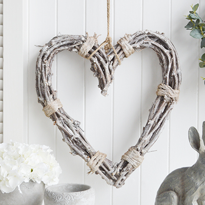 The White Lighthouse. White Furniture and accessories for the home. Driftwood heart wall decor designed to perfectly complement our New England Coastal and Country home interiors with our bedroom, living room and hallway white furniture