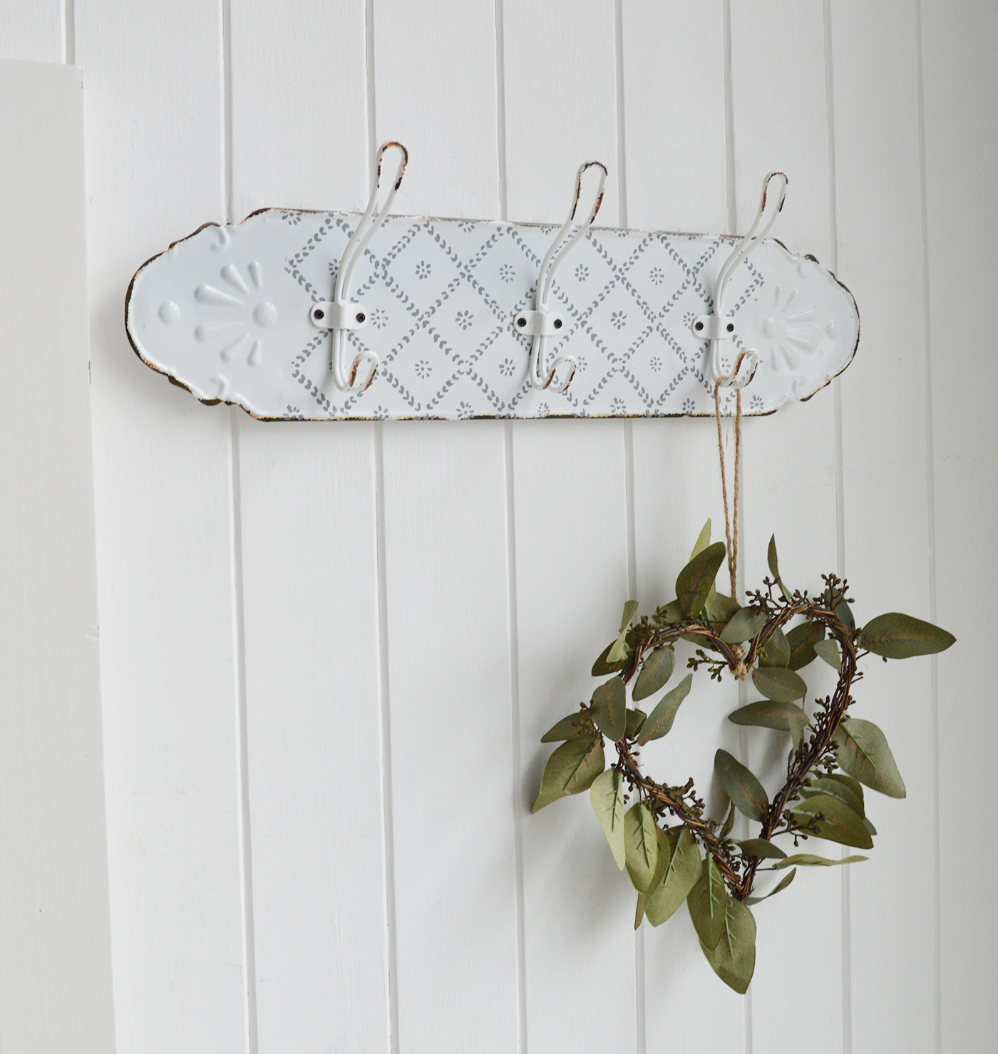 Appleton Vintage Metal Coat Hooks Rack with 3 hooks for New England coastal, country and farmhouse homes and interiors