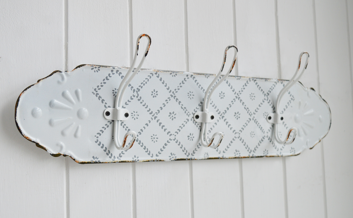 Appleton Vintage Metal Coat Hooks Rack with 3 hooks for New England coastal, country and farmhouse homes and interiors