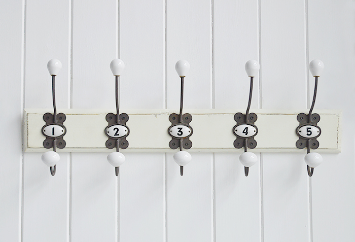 Vintage style numbered hooks from The White Lighthouse. Furniture and accessories for the bedroom, bathroom, hall and living room New England furniture and interiors