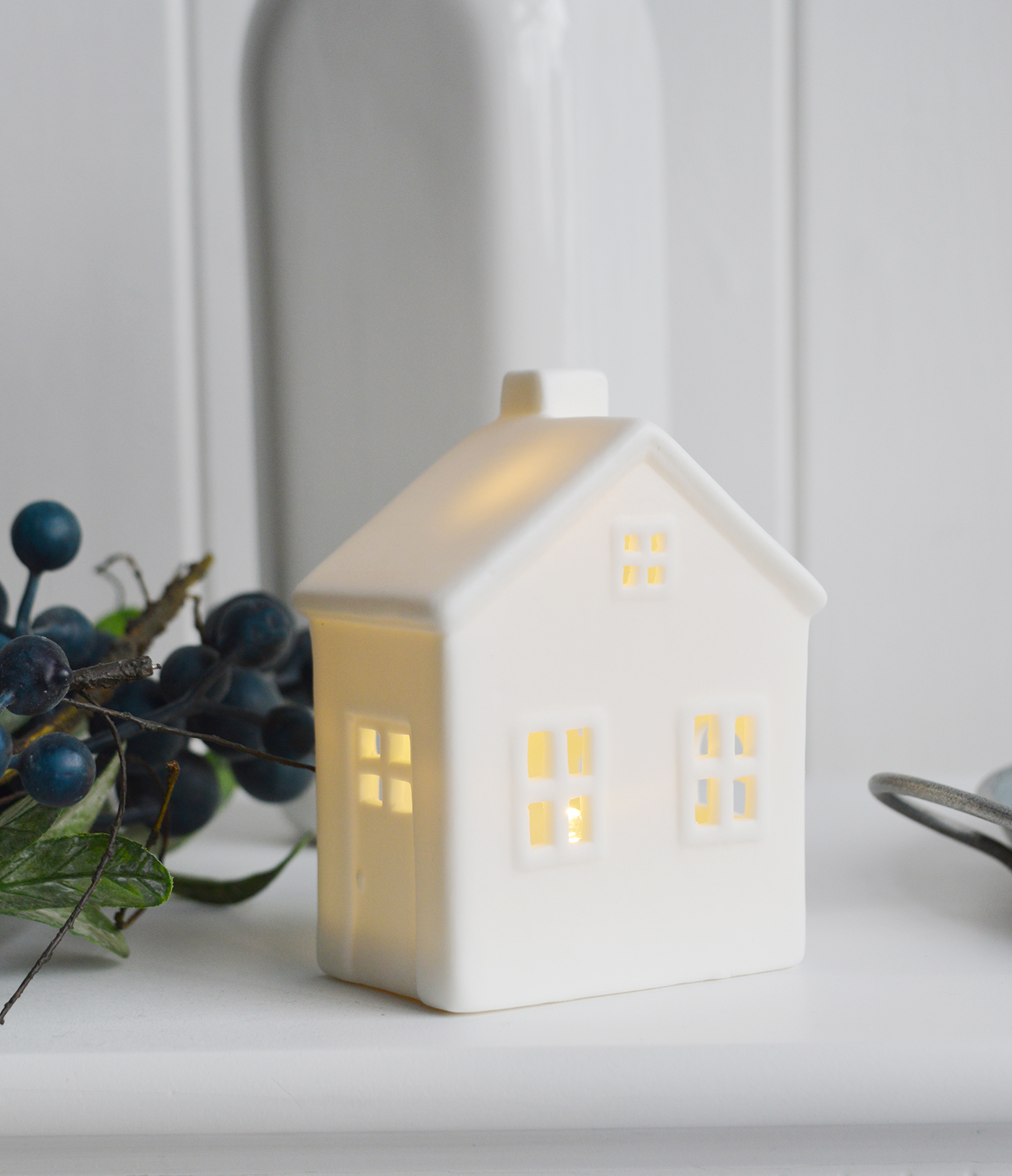 The White Lighthouse. White Furniture and accessories for the home. Little White House with Lights for New England, Country and coastal white home interior decor