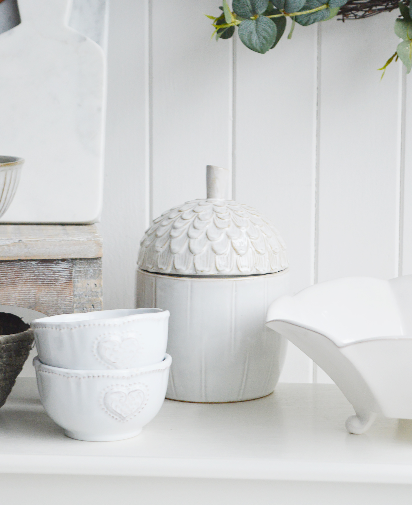New England white interiors - acorn jar - white madison bowls