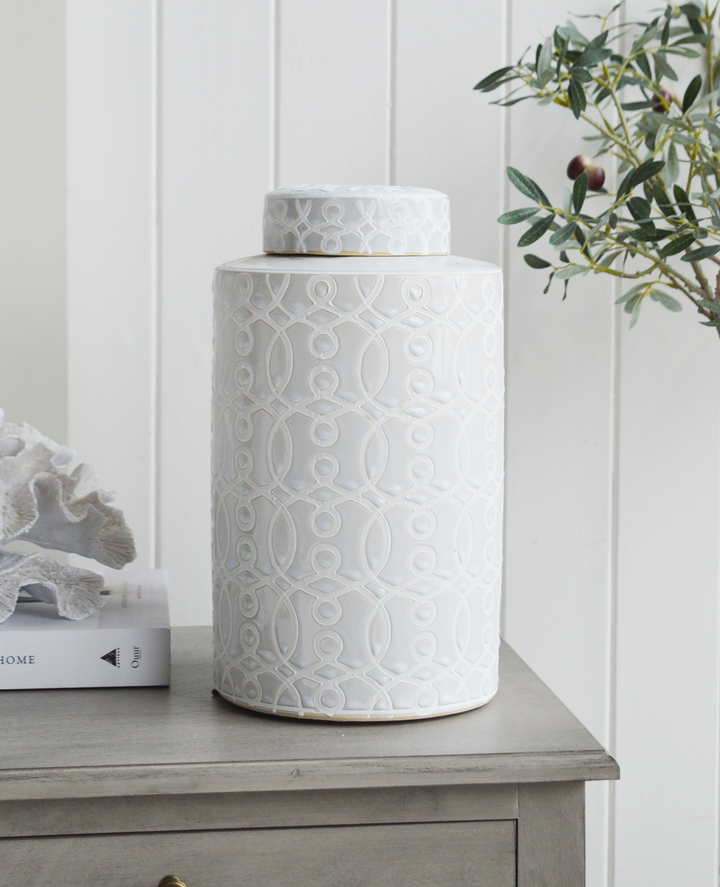 Liberty Grey and White Jar from The White Lighthouse , New England style furniture and accessories for country, coastal, city and modern farm house homes and interiors